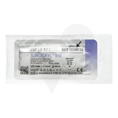 Surgicryl 910 + Ronde Naald 1/2c 26 mm USP 2/0 EP 3 75 cm  15300126